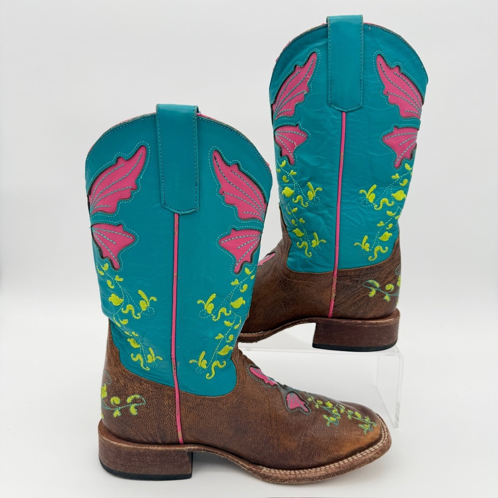 Macie Bean Youth 2 Cowboy Boots Brown Teal Butterfly Embroidered Square Toe
